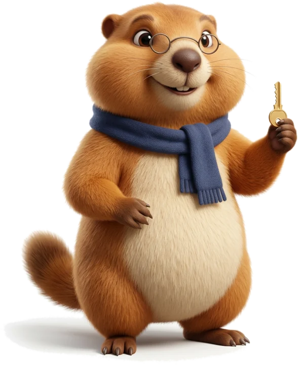 Marius la marmotte, écharpe bleu nuit et lunettes rondes, tend fièrement une clé dorée